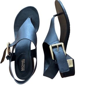 Michael Kors New Black Leather Slingback Sandals with Gold Buckle size 7